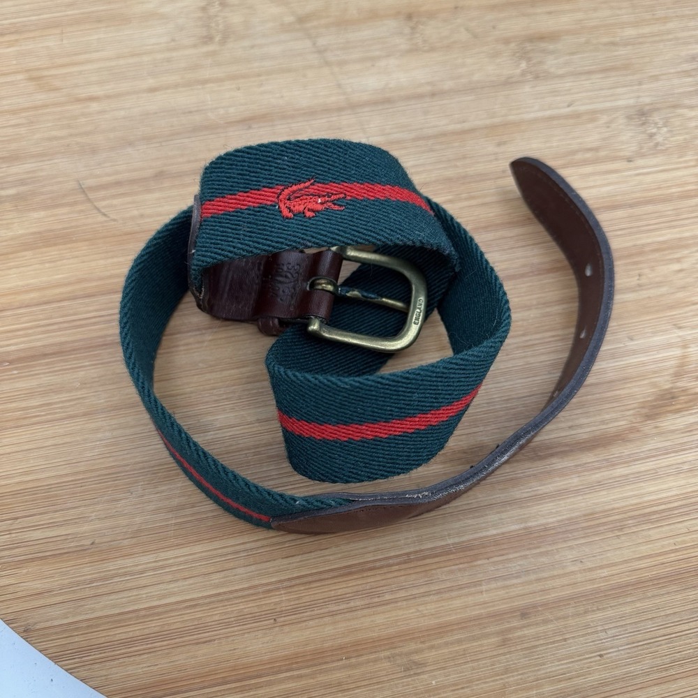 VINTAGE 80s Lacoste Belt Size 32  Green Red Leather Cotton Preppy Izod